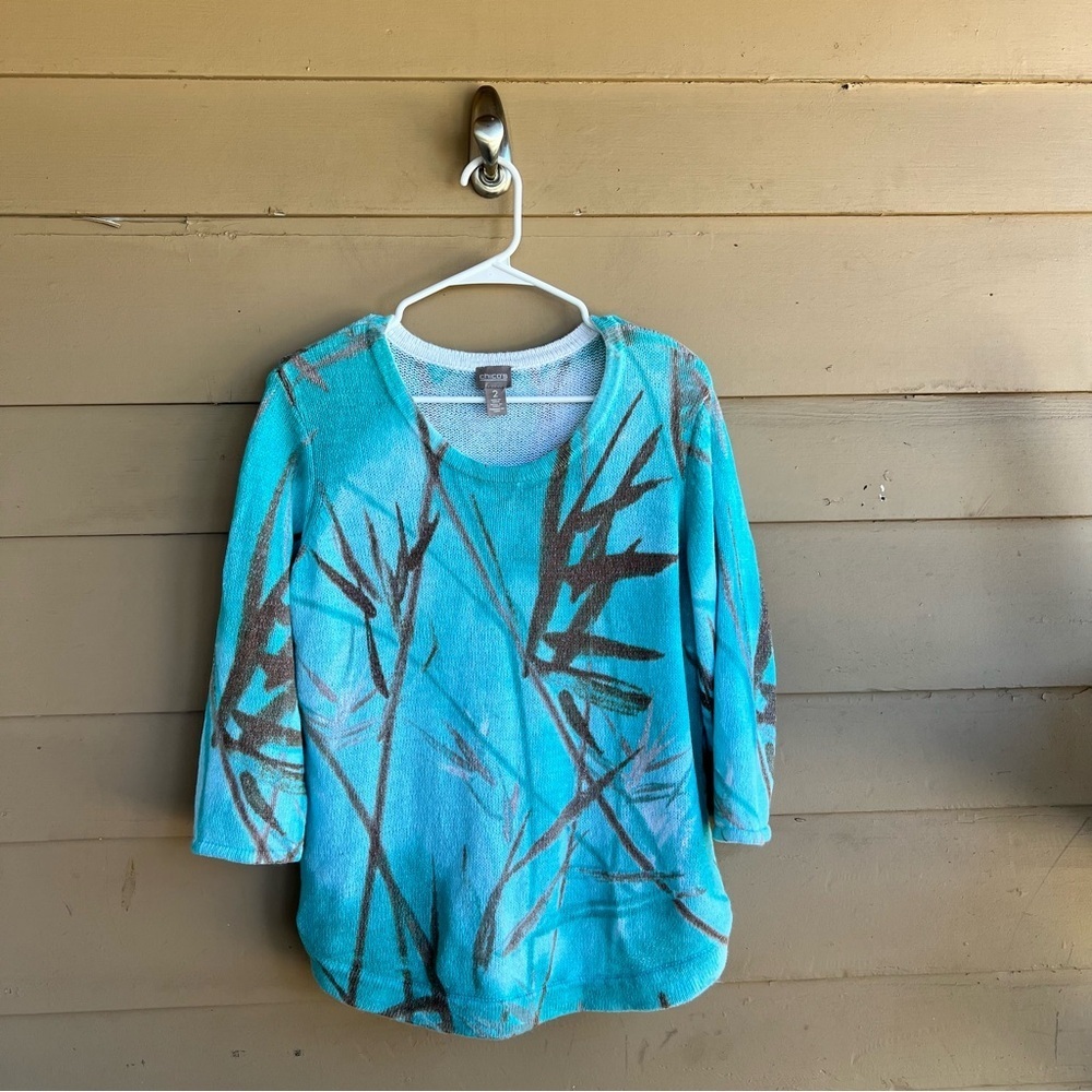 CHICO'S Scoop Neck Knitted Sweater Aqua Brown White Bamboo Print Size 2 / Medium